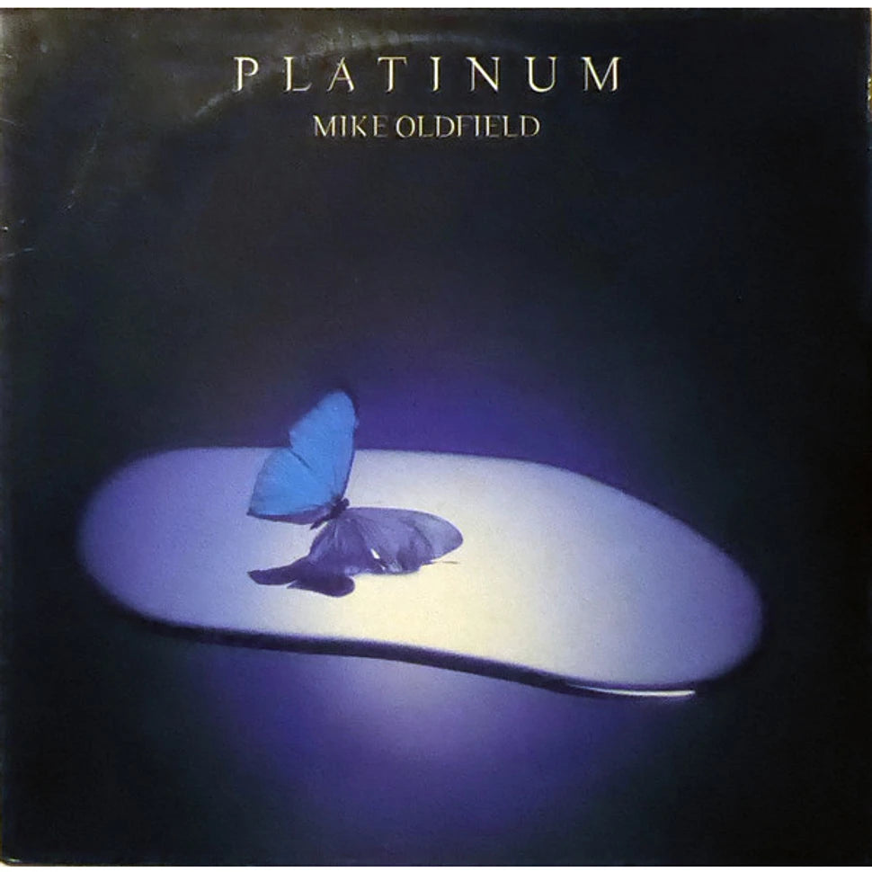 Album cover of 'Platinum' by Mike Oldfield featuring a blue butterfly on a white oval.