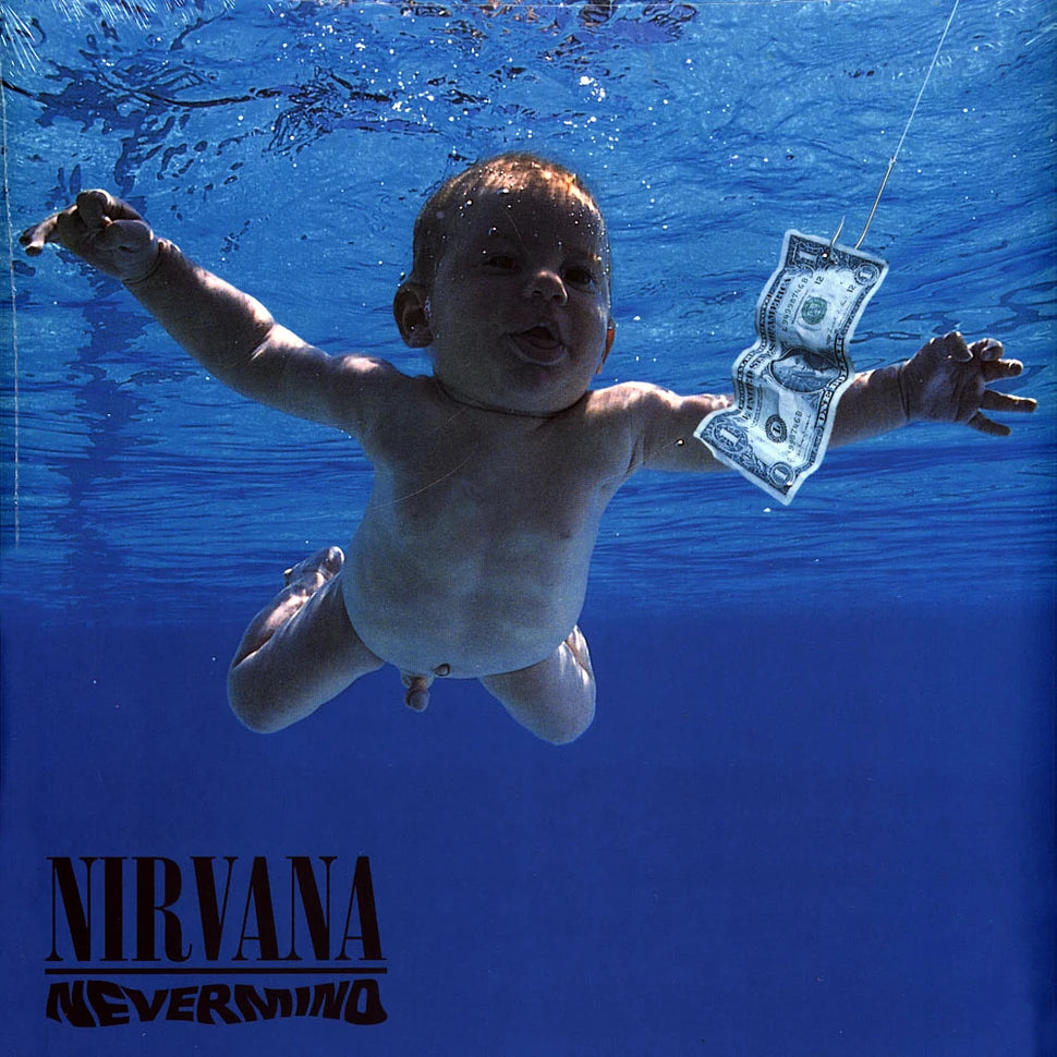 Album cover of Nirvana's 'Nevermind' featuring a baby underwater with a dollar bill.