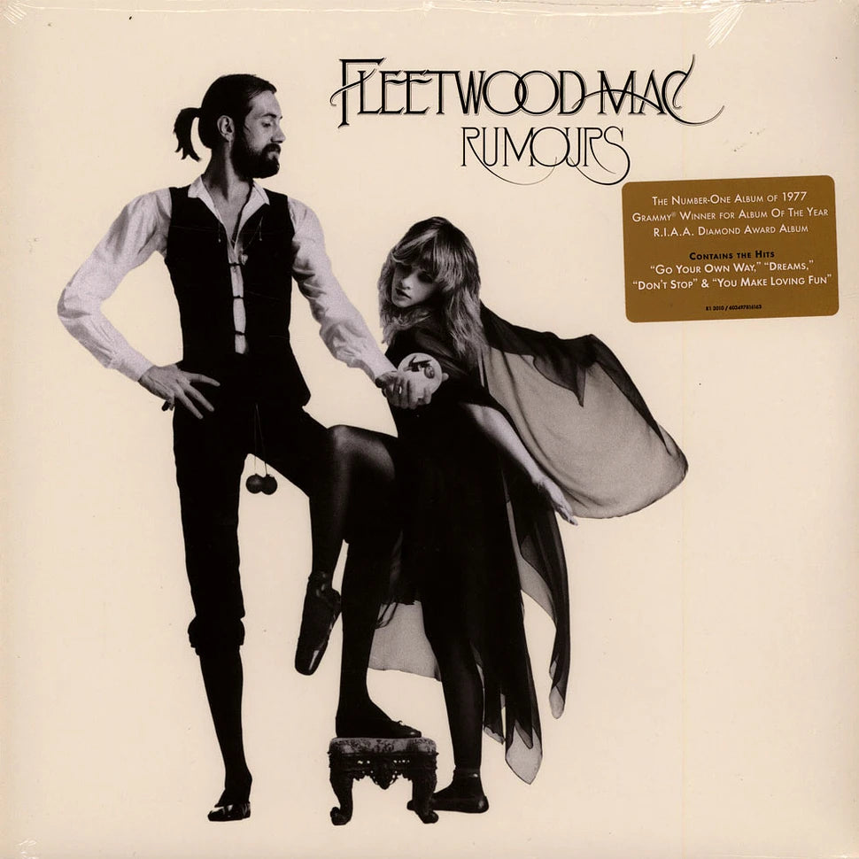 Album cover of Fleetwood Mac's 'Rumours' with a black and white photo of a man and woman.