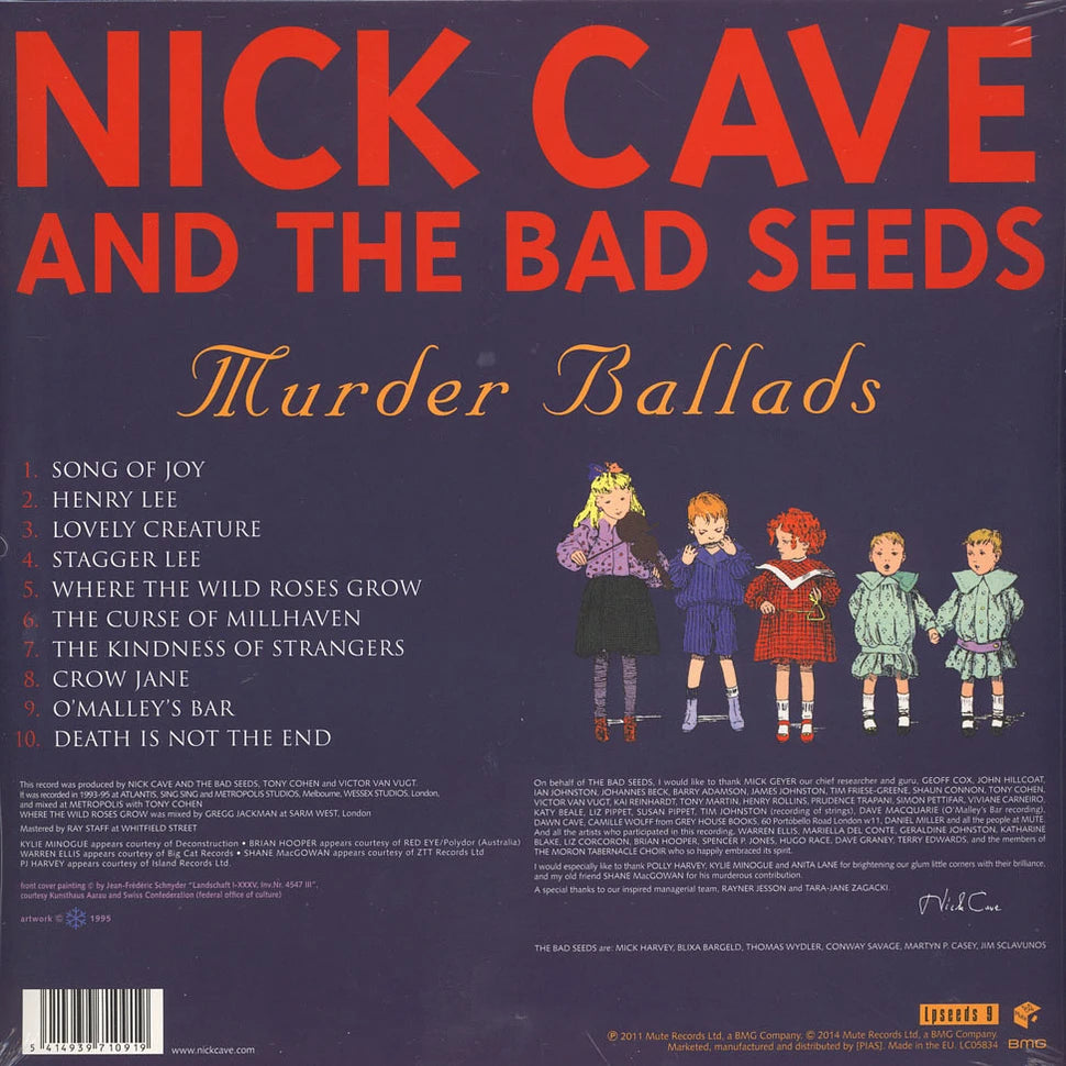 Album cover for 'Murder Ballads' by Nick Cave and the Bad Seeds with text and illustrations.