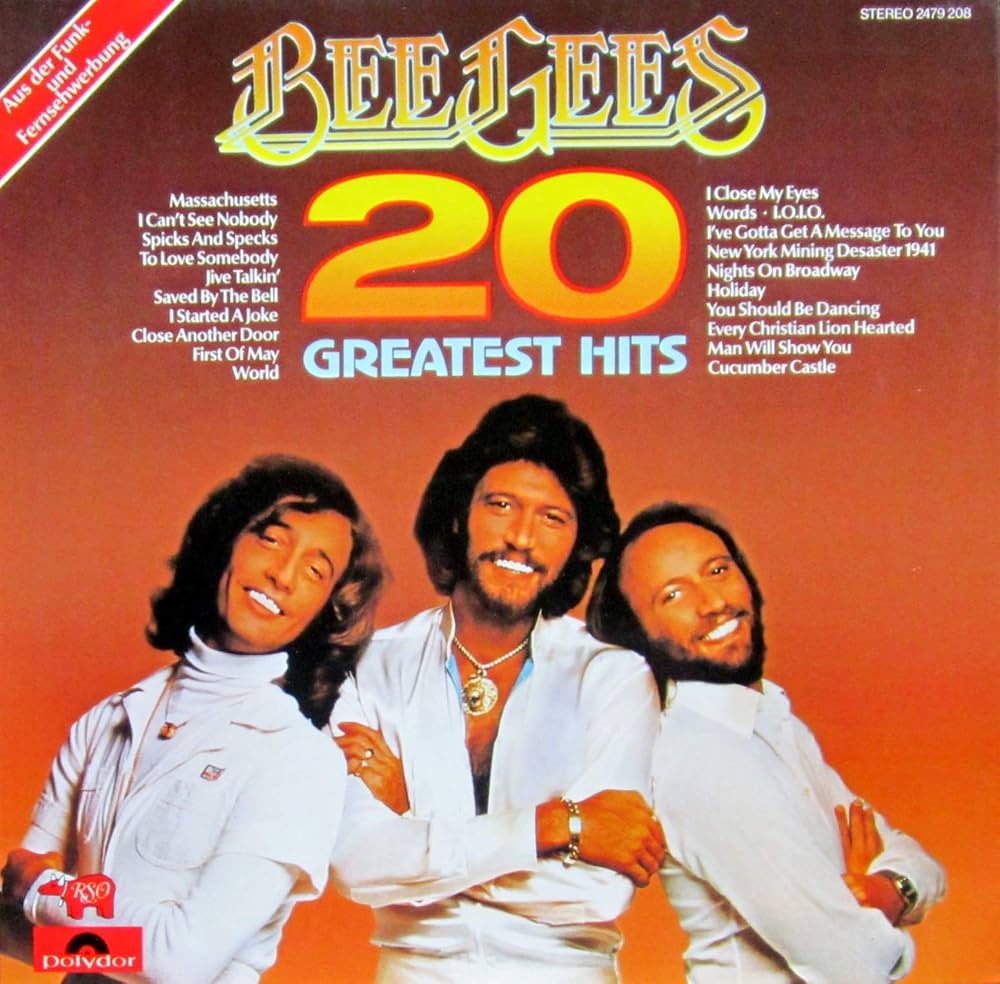 Album cover of Bee Gees' '20 Greatest Hits' with three men posing against an orange background.