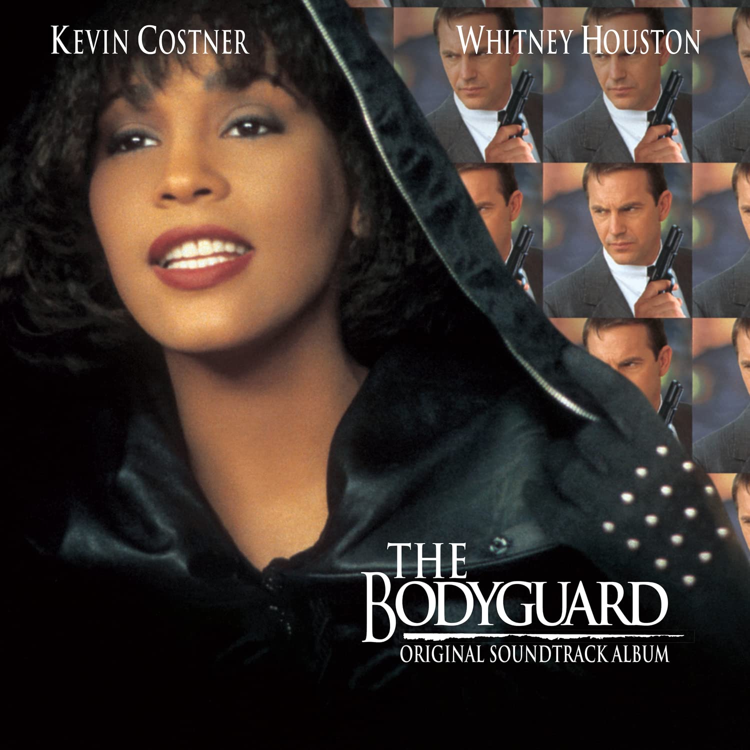 Album cover for 'The Bodyguard' featuring Kevin Costner and Whitney Houston with a collage of their faces.