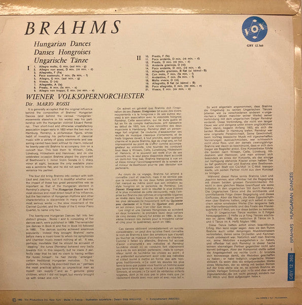 Brahms – Vienna State Opera Orchestra, Mario Rossi – Danses Hongroises - Ungarische Tänze - Hungarian Dances