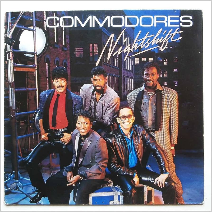 Album cover of 'Nightshift' by The Commodores featuring five men in a studio setting.