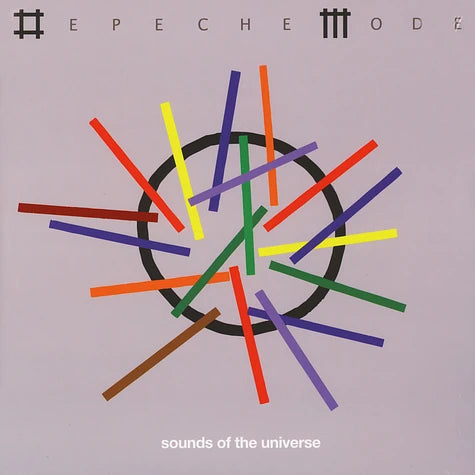 Album cover of 'Sounds of the Universe' by Epeche Mode with colorful sticks on a gray background.