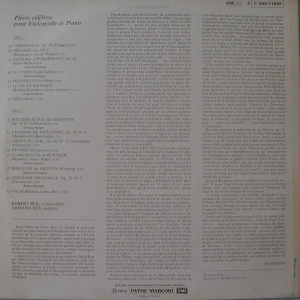 Pièces Célèbres Pour Violoncelle Et Piano - Robert Bex . Armand Bex